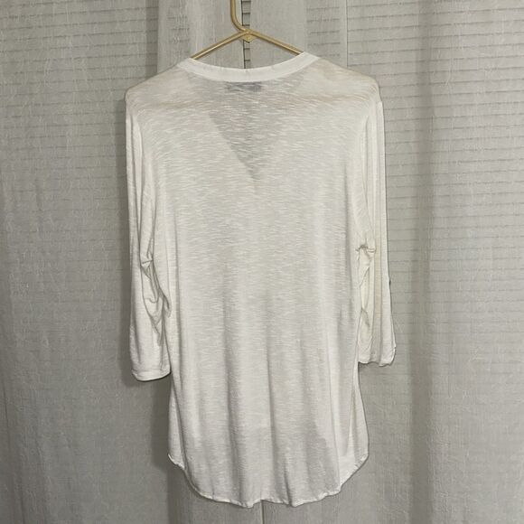 Democracy M Ivory Embroidered Crochet Lace Button Front Tab Sleeve High Low Top - Picture 2 of 10